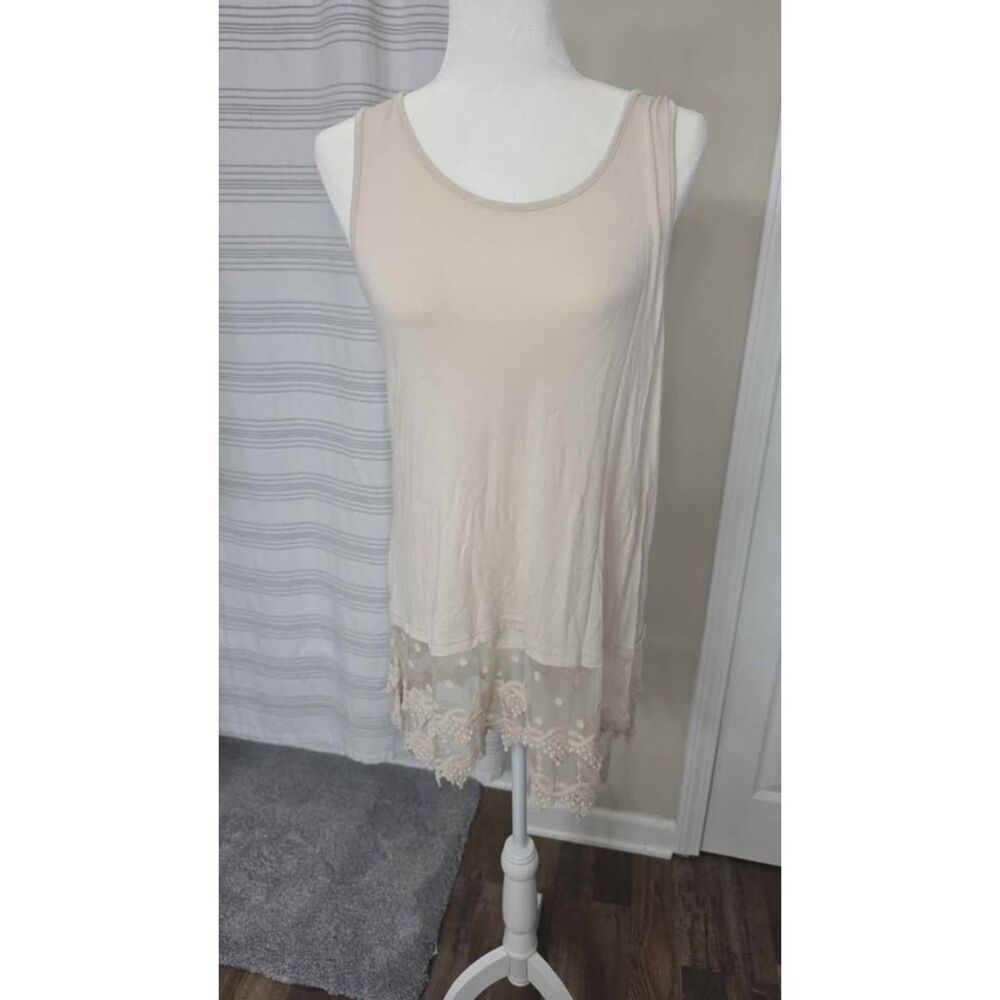 Kaktus Beige Lace Trim Sleeveless Tunic Top Size L